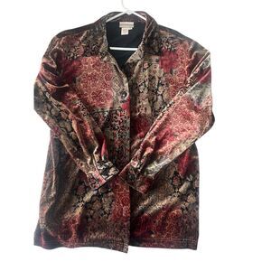Coldwater Creek Women's Floral Velour Blouse Red Button Size M